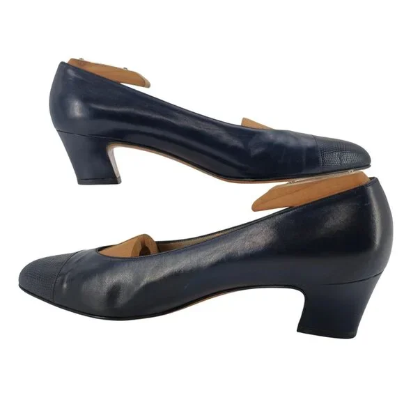 Vintage Salvatore Ferragamo Womens 9AA Navy Leather Reptile Embossed Dress Pumps - Picture 5 of 9